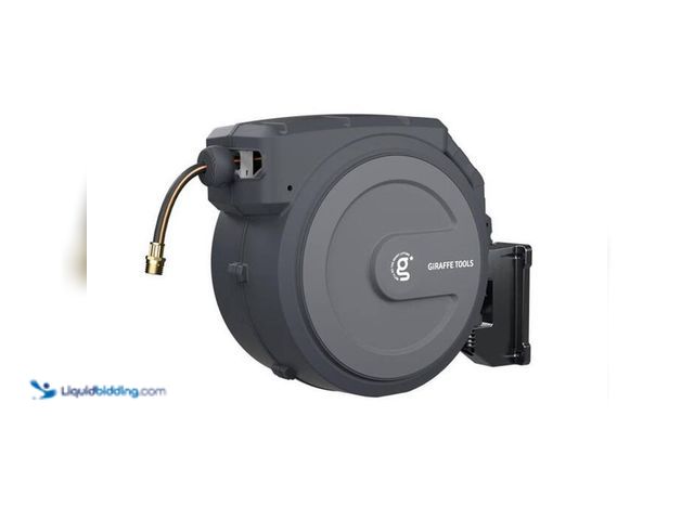 Lot 49-2021765 - Giraffe Tools Garden Retractable Hose Reel-5/8 in. to 115 ft. Wall Mounted, Dark Grey. Model # AW505...