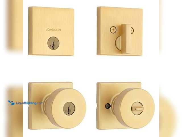 Lot 49-3564818 - Kwikset Pismo Satin Brass Keyed Entry 2.85 in. Square Rose Round Door Knob and Deadbolt Combo Pack F...