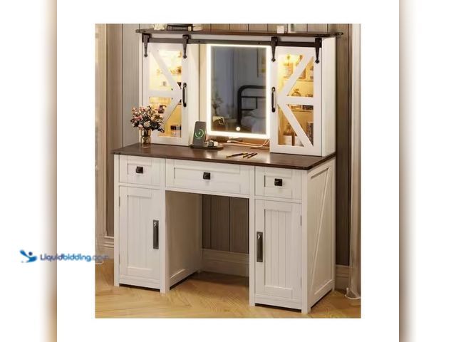 Lot 49-3639382 - Makeup Vanity & Changing Station with Lighted Mirror, Cabinet with Sliding Barn Door, NOTE: Panels c...