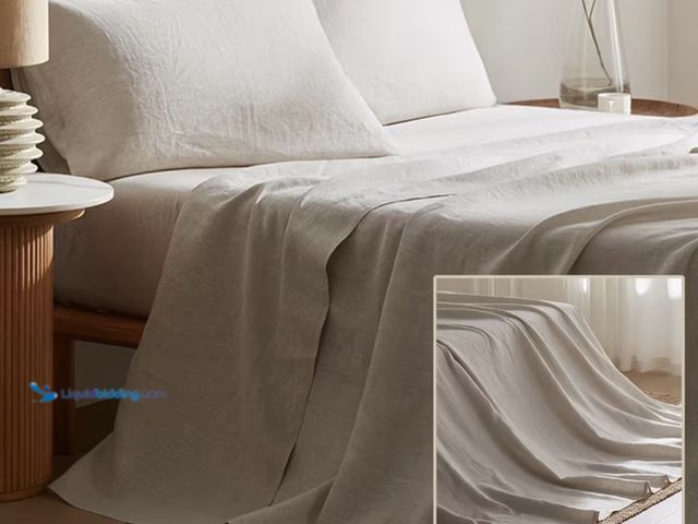 Lot 49-1975262 - Cotton/Linen Blend King Sheet Set. Flat and fitted sheet with 2 king pillow cases.  Fitted sheet up ...