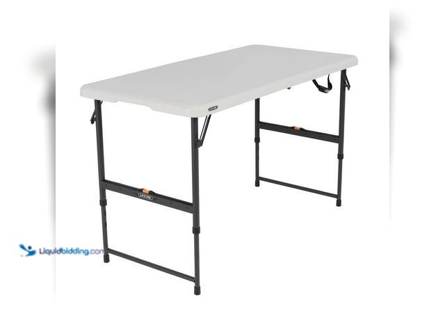 Lot 49-5414322 - Lifetime 4 ft. One Hand Adjustable Height Fold-in-Half Resin Table; Almond, Unused.