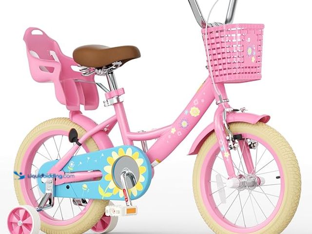Lot 49-3480443 - Glaf 12 Inch Girls Bike with Training Wheels for Kids Age 2-12 Years Old, Toddler Girls Bike with Ba...