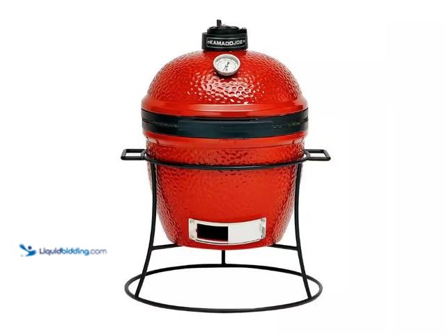 Lot 49-1515675 - Kamado Joe Joe Jr. 13.5 in. Portable Charcoal Grill in Red with Cast Iron Cart, Heat Deflectors and ...