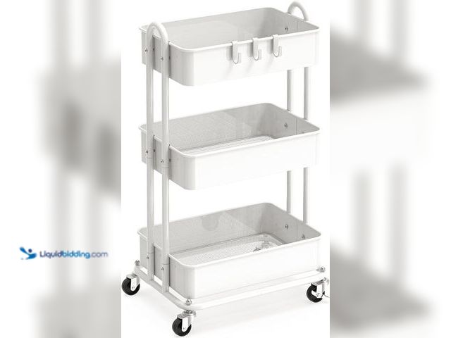 Lot 49-5406680 - Simple Houseware 3-Tier Heavy Duty Metal Utility Rolling Cart, White, Unused.
