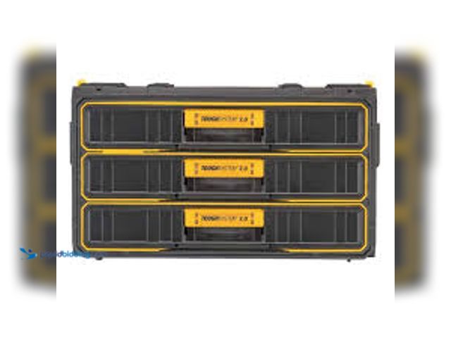 Lot 49-5489230 - DEWALT Toughsystem 2.0, 12.3 in. W Tool Box 3-Drawer. Model # DWST08330. Used and dusty.