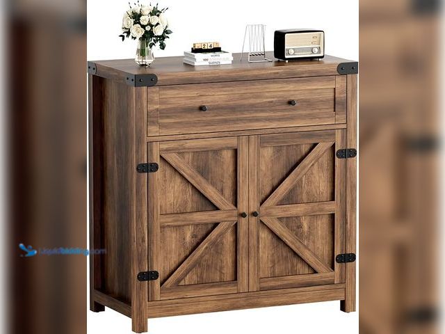 Lot 49-3472704 - YESHOMY Coffee Bar and Accent Cabinet, Farmhouse Barn Door Buffet Sideboard with Drawer and Adjustab...