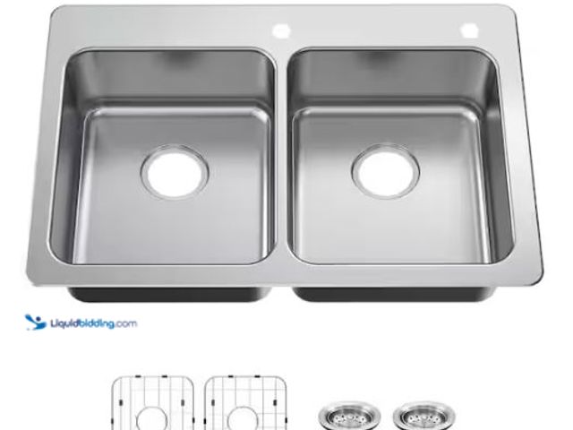 Lot 49-1565964 - Glacier Bay Bratten 33 in. Drop-In 50/50 Double Bowl 18 Gauge Stainless Steel Kitchen Sink with Acce...
