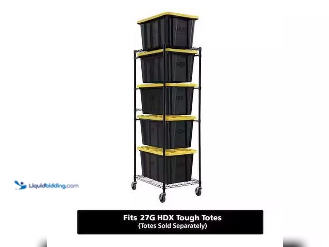 Lot 49-1576904 - HDX Steel Wire Garage Storage Bin Rack with Casters for 27 Gal. Tough Totes in Black (22 in. W x 69 ...