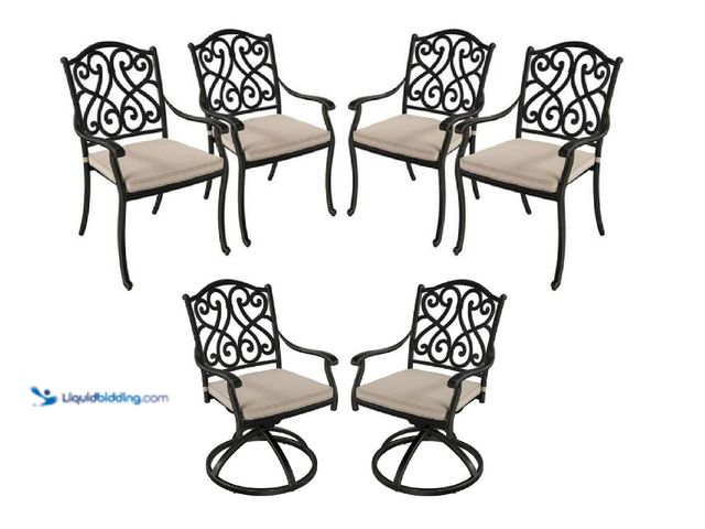 Lot 49-1537379 - Modawe 6 Piece Black Cast Aluminum Outdoor Dining Chair Set Including 4 Standard Chairs, and 2 Swive...