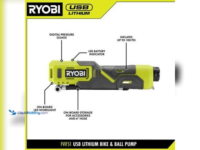Lot 49-5554149 - RYOBI USB Lithium Cordless Bike and Ball Pump Inflator Kit with 2.0 Ah USB Lithium Battery and Charg...