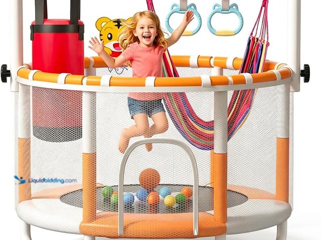 Lot 49-3563802 - 55" Kids Indoor Trampoline with Safety Net, Adjustable Gymnastics Bar & Toys – Indoor/Outdoor Toddle...