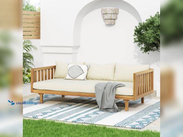 Lot 49-5463177 - Acacia Wood Outdoor 3 Seater Day Bed with Beige Cushions Unused