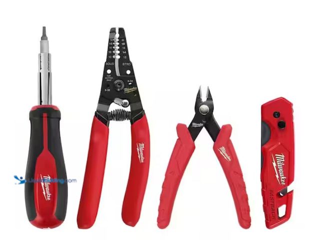 Lot 49-1578213 - (4-Piece) Milwaukee Electrician's Hand Tool Kit, Includes Wire Stripper/Cutter for solid and strande...