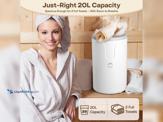 Lot 49-5488329 - 20L Luxury Towel Warmer, Dual Heat, 30/60/90 Min Presets, Stainless Steel Interior, Tip-Over Auto Sh...