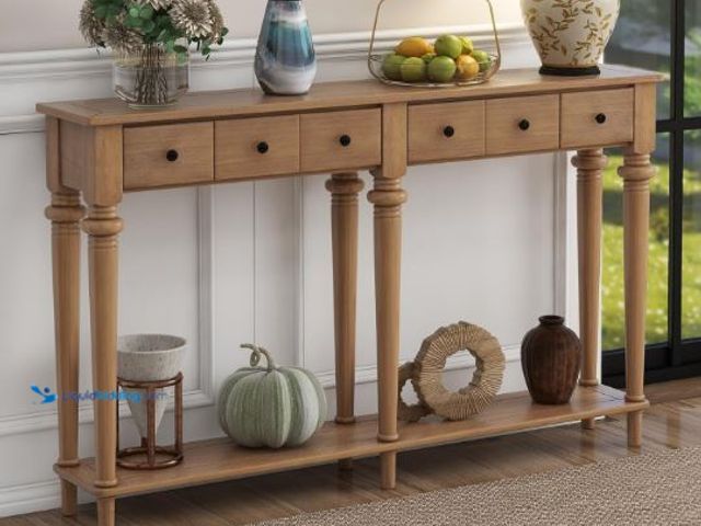 Lot 49-1565920 - espidoo Console Table with 4 Drawers & Shelf: Rustic Pine Wood Entryway Table for Home Organization ...