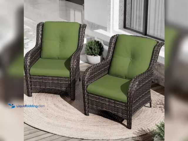 Lot 49-2022711 - Gardenbee Ergonomic Arm 2-Piece Patio Wicker Outdoor Lounge Chair with Thick Green Cushions, Model #...