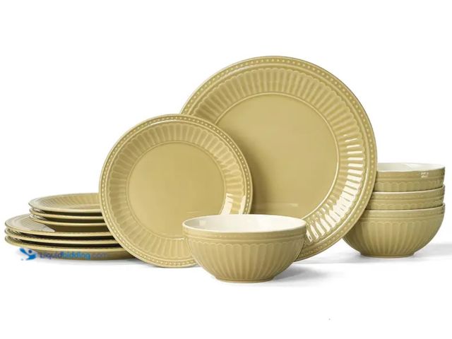 Lot 49-1806732 - Service for 4 Dish set. Golden beige ceramic.  4 dinner plates (10.5”), 4 bowls (6”), 4 salad plates...
