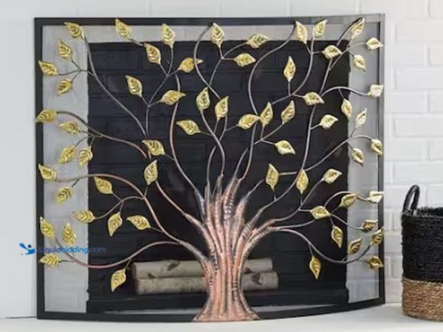 Lot 49-1519260 - Litton Lane Bronze Metal Tree Sculpted Relief Single Panel Fireplace Screen with Curved Mesh Netting...