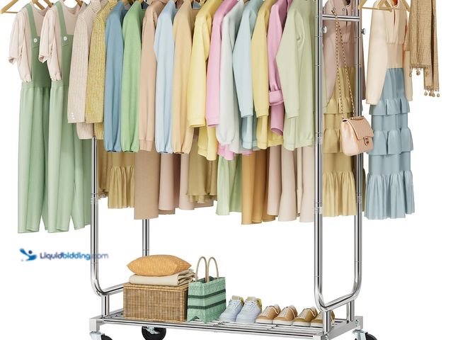 Lot 49-5554484 - Heavy Duty Rolling Clothes Rack, 620 LBS Load Double Rod Adjustable Garment Rack with Storage Shelf,...