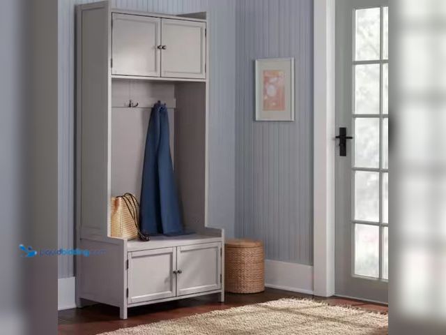 Lot 49-2001454 - Home Decorators Collection Wolcott Riverbed Beige Wood Hall Tree with Bench and Storage (32 in. W x ...