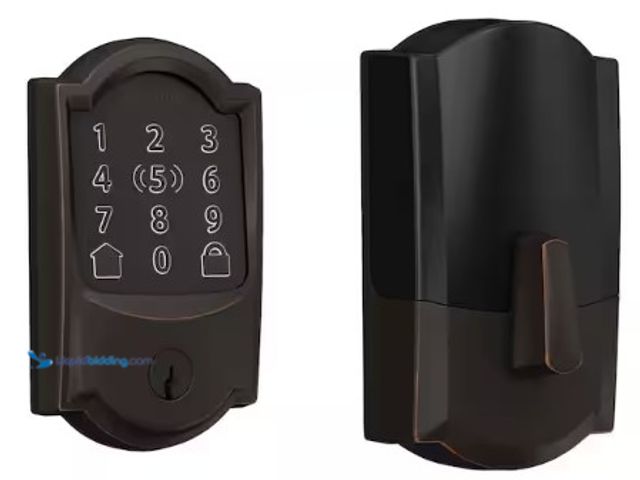 Lot 49-2022843 - Schlage Camelot Aged Bronze Electronic Encode Plus Smart WiFi Deadbolt with Alarm, Model # BE499WB C...