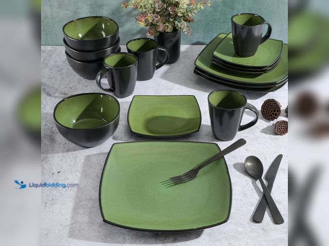 Lot 49-3611738 - (10-Piece) Gibson Elite Soho Lounge Dinnerware Set, Green/Black, Includes (4) mugs, (3) dinner plate...
