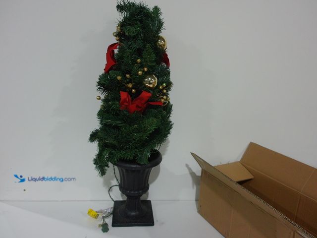 Lot 49-2000926 - 3 ft. Pre-lit Christmas Tree with Ornaments in Black Pot, Decorated with Ornaments, Poinsettias and ...