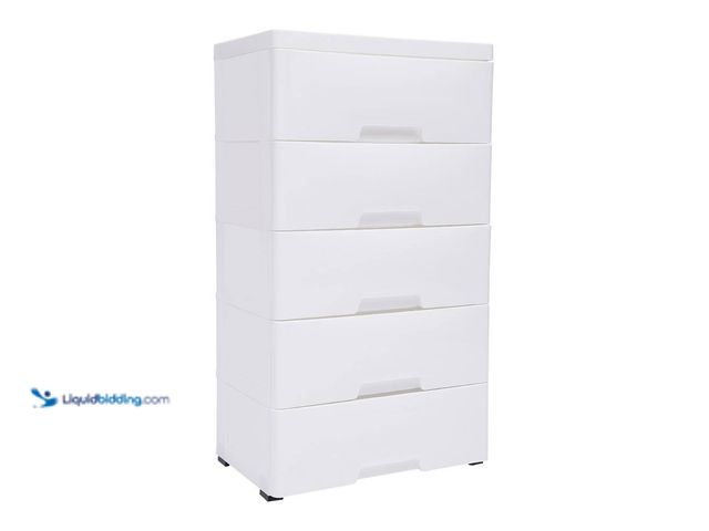 Lot 49-5453661 - 31.5 in. x 17.12 in. White Plastic Storage Cabinet with 5-Drawers and Wheels. [Model # HG-HS6950-302...