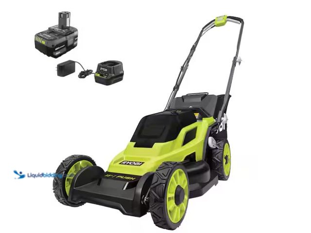 Lot 49-1575881 - RYOBI ONE+ 18V 13 in. Cordless Battery Walk Behind Push Lawn Mower with 4.0 Ah Battery and Charger, ...
