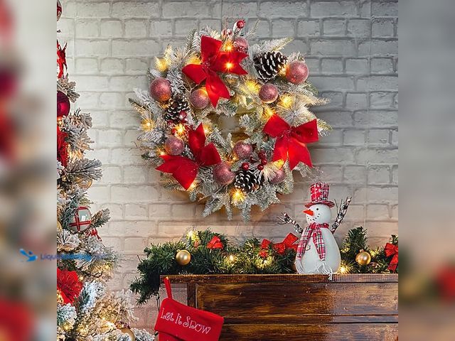 Lot 49-1557338 - GarveeHome 24 in Pre-Lit Christmas Wreath for Front Door, Artificial Christmas Wreath with Bow Ribbo...