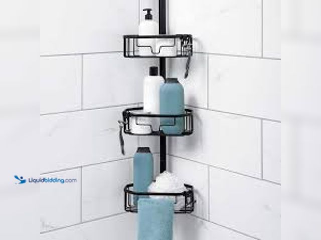 Lot 49-5415638 - Zenna Home NeverRust Aluminum Tension Pole Corner Shower Caddy in Matte Black. Model # 2141ALBKL. Un...