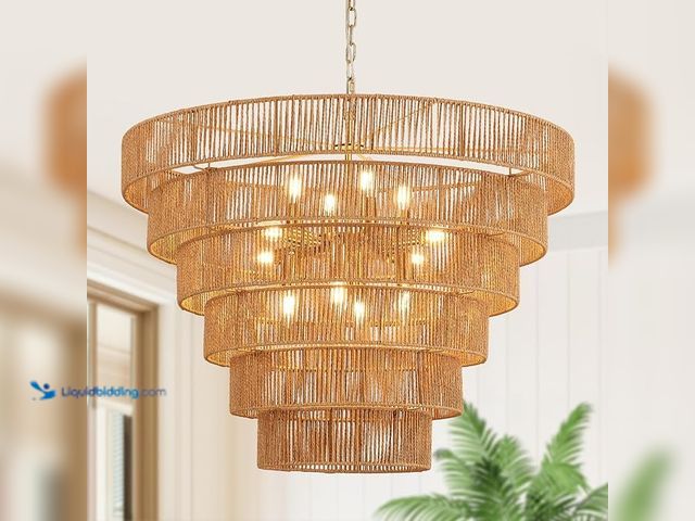 Lot 49-1630671 - 32" Large Rattan Chandelier, 12-Light Gold Wicker Light Fixture | Hand-woven gold rattan, 6-tier boh...