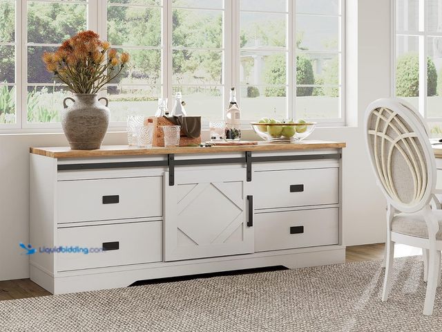 Lot 49-3639381 - 60" Farmhouse TV Stand with Drawers & Storage Cabinet, ASSEMBLY REQUIRED, Model: W01E3158W, Unused, ...