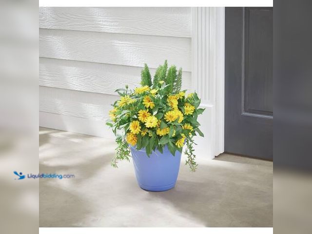 Lot 49-3540202 - Vigoro 12 in. Bea Medium Blue Bell Resin Planter (12 in. D x 10.7 in. H) With Drainage Hole and Atta...