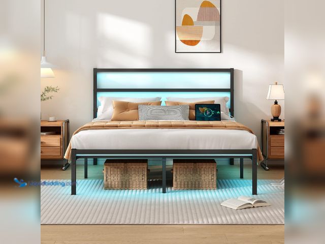 Lot 49-5554459 - CLIBFENG Queen Size Bed Frame with Headboard,Heavy Duty Steel Slats Support-LED Bed Frame with USB C...