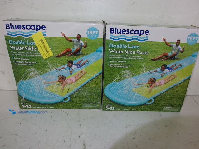 Lot 49-1627140 - Lot of (2) Bluescape 18ft Blue Double Lane Water Slide Racer, with Sprinklers, Age 5 to 12, Unisex M...