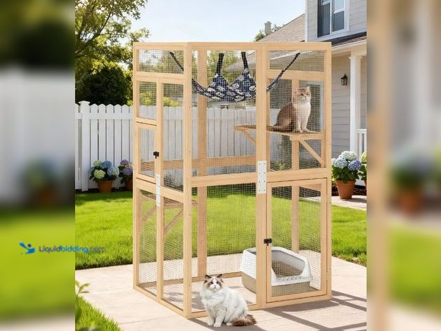 Lot 49-1623796 - Sandinrayli Outdoor Cat Catio with Window Access & Jumping Platforms, Weatherproof Wooden Cat Enclos...