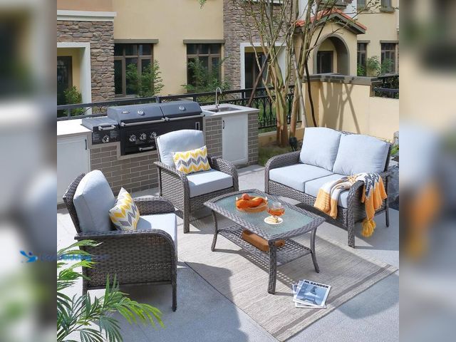Lot 49-5412262 - Toject Denali Gray 4-Piece 4-Seat Wicker Modern Outdoor Patio Conversation Sofa Seating Set with Lig...