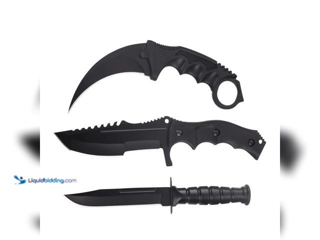 Lot 49-3481303 - Tactical Fixed Blade 3 Piece Combo Knife Set Black - NEW - Each knife features a stainless steel bla...