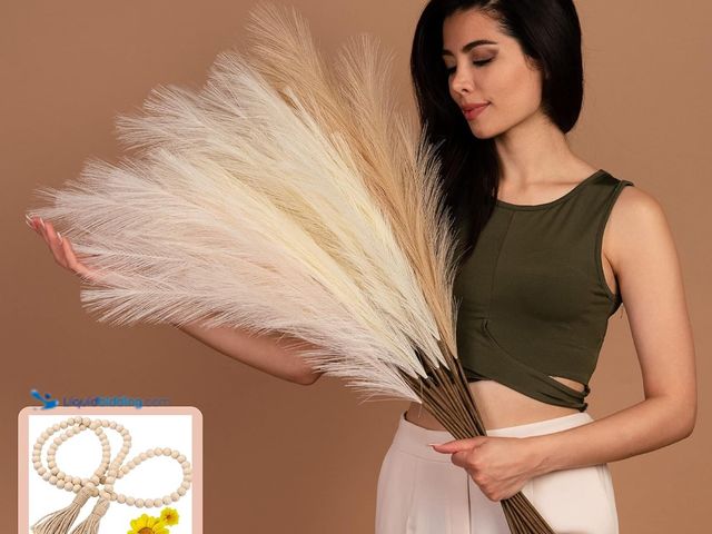 Lot 49-1519091 - Artificial Faux Pampas Grass (7Pcs 33� Tall) with WOOD BEAD Floral Branches Pompous Stems 3 Colors D...