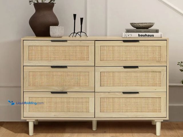 Lot 49-3637912 - 6-Drawer Natural Woven Rattan Dresser, 43"W x 30"H x 16"D, NOTE: Slight cracking/chipping; Possible ...