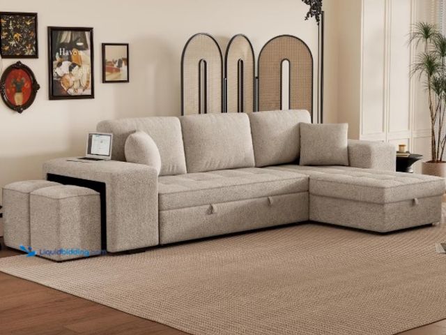 Lot 49-1542344 - Noble House 104" Pull Out Sleeper Sofa, Reversible L-Shape Sectional Couch with Storage Chaise and 2...