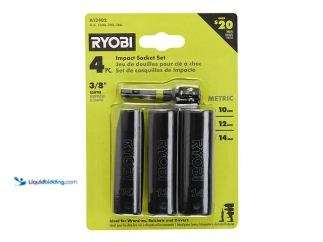 Lot 49-5544486 - RYOBI 3/8 in. Drive Metric Impact Socket Set (4-Piece). Model # A13402. Unused