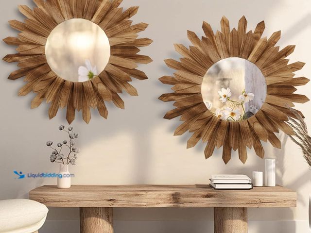 Lot 49-5437472 - LOSOUR 2 Pack 22 Inch Boho Wall Sunburst Mirror Rustic Round Wood Decorative Mirror Boho Wall Art De...