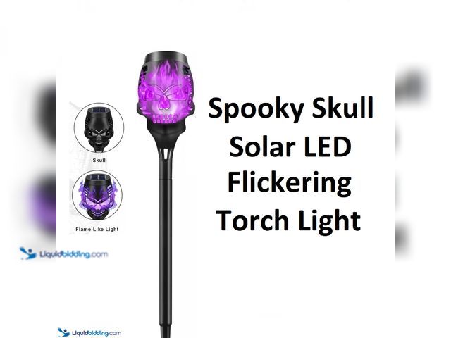 Lot 49-1803906 - Lot of 1 Spooky Skull Solar Waterproof LED Flickering Flame Torch Light - Black Shell/Purple Light -...