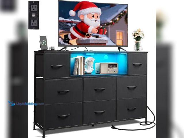 Lot 49-1624321 - Black Dresser TV Stand for 45, 50, 55 Inch TV, Entertainment Center with LED Lights & Charging Stati...