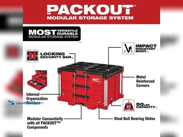 Lot 49-5475679 - Milwaukee PACKOUT 22 in. Modular 3-Drawer Tool Box with Metal Reinforced Corners. Model # 48-22-8443...