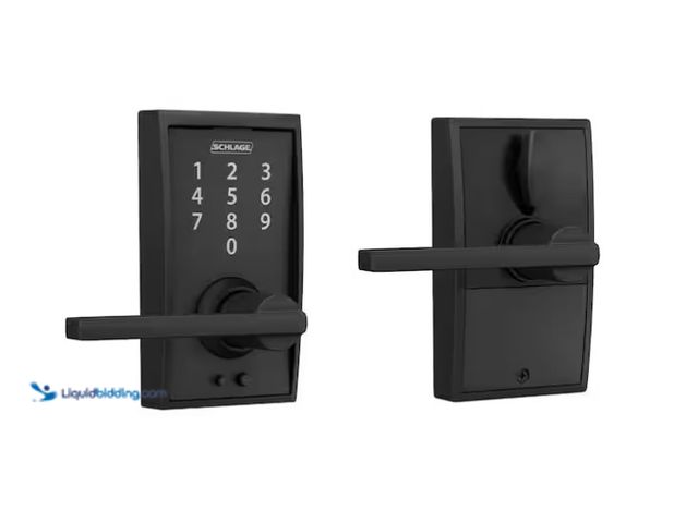 Lot 49-1575760 - Schlage Century Matte Black Touch Keyless Touchscreen Door Lock with Latitude Handle, Model # FE695 ...