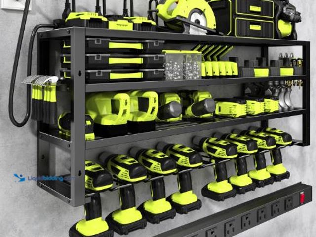 Lot 49-5436576 - Large Power Tool Organizer Wall Mount with Charging Station, 8 Outlet Power Strip, 4 Layers 8 Drill ...