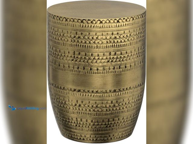 Lot 49-5484414 - SIMPLIHOME Johnsen Metal Table - 15 inch Wide Solid Iron Drum Accent Table in Antique Gold with Trib...